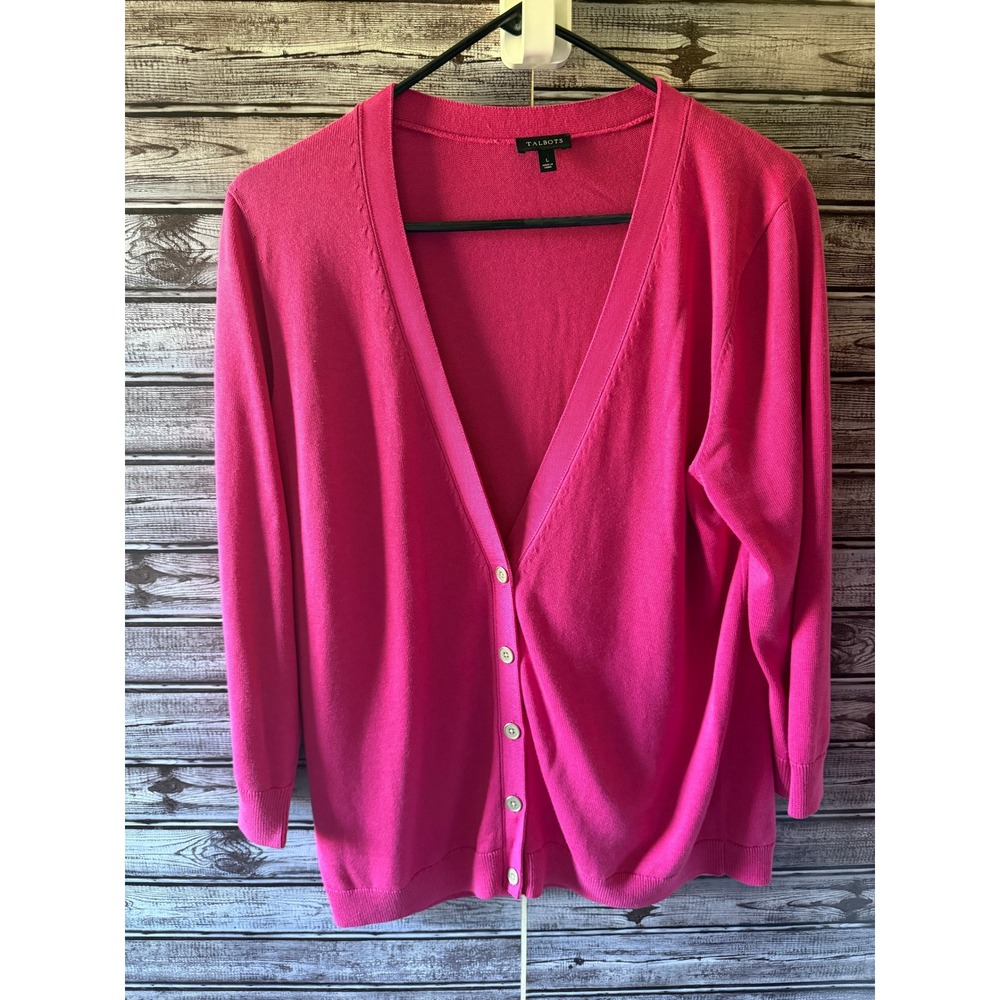 Talbots Women's Button-Front Cardigan Sweater Size L Pink V-Neck